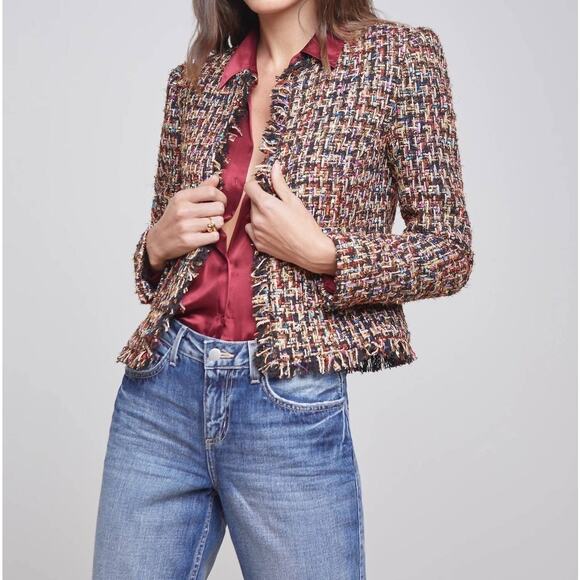 L’agence Angelina Multicolor Boucle Tweed Plaid Fringe Blazer Jacket Size 10 - Picture 1 of 15